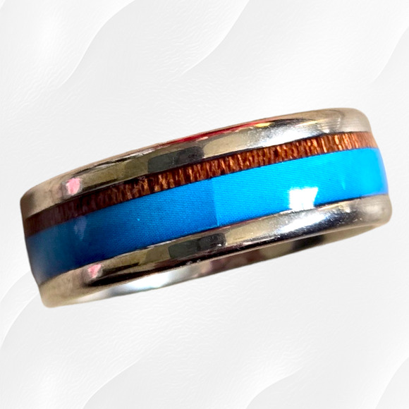 Turquoise Wood Pattern Band Inlay Stainless Steel Fashion Ring Size 11 - Picture 1 of 7